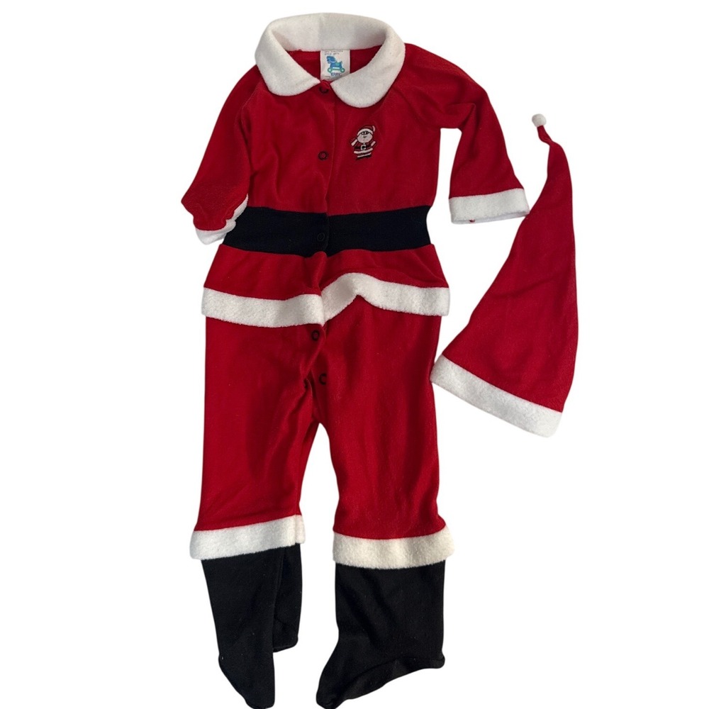 Vintage 90s Terry Brand Santa Claus Sleeper Outfit Hat Set 6 month Christmas pj